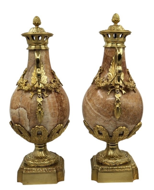 A pair of heavy and impressive French vases in the Louis XVI style, made of natural marble and - Image 3 of 14
