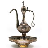Islamic Aftaba with matching basin and strainer, decorated with Damascus work (inlay of copper and