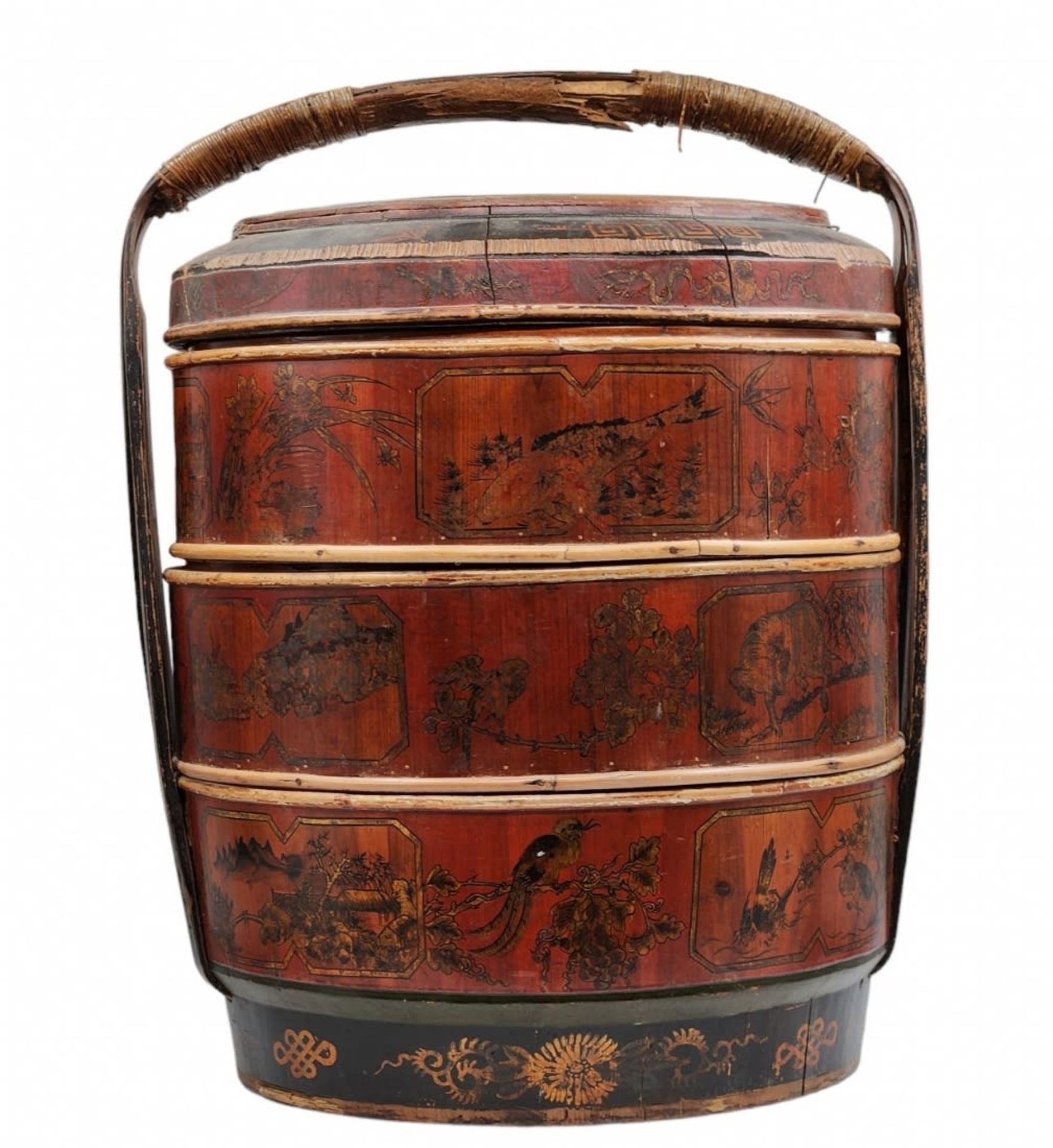 Chinese marriage basket for dowry, made of wood and straw, hand painted on a lacquer background, - Bild 3 aus 14