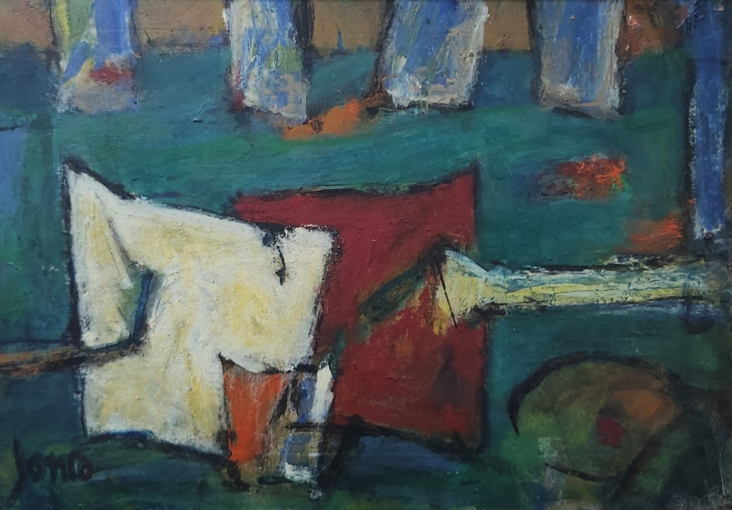 Marcel Janco - 'Abstract in red and white' -, oil on cardboard, Signed and dated on the back: