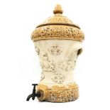 Antique English water tank from the 19th century, made of ceramic, cork stopper and metal faucet,