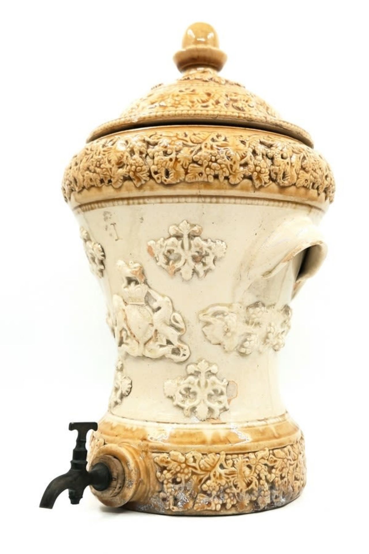 Antique English water tank from the 19th century, made of ceramic, cork stopper and metal faucet,