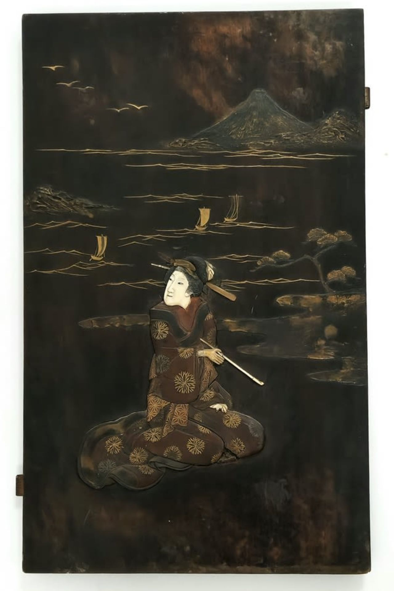 An antique Japanese wooden board from the end of the 19th century, from the Meiji Period, inlaid