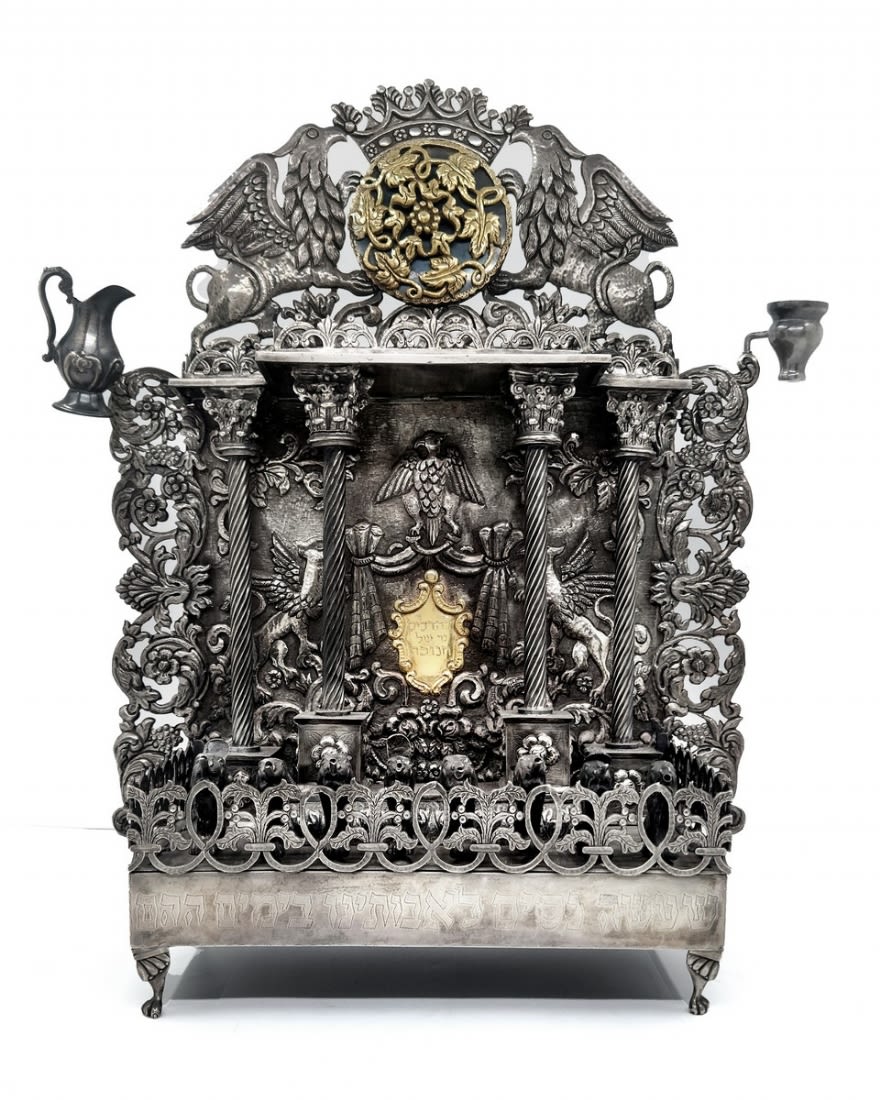 Luxurious and large Hanukkah menorah, very impressive and made from silver in repousse technique.,