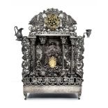 Luxurious and large Hanukkah menorah, very impressive and made from silver in repousse technique.,