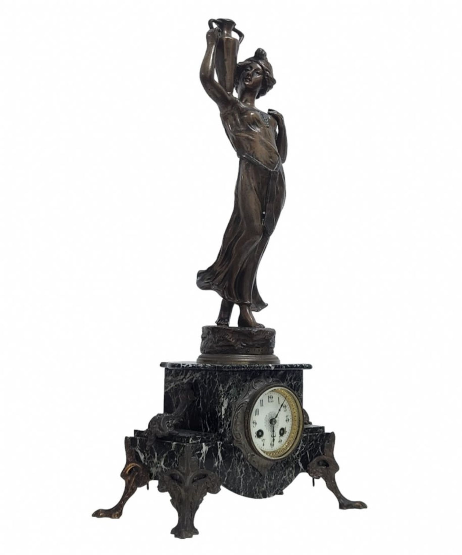 Antique French mantle clock, 19th century, made of mottled Egyptian granite marble and Spelter, - Image 4 of 11