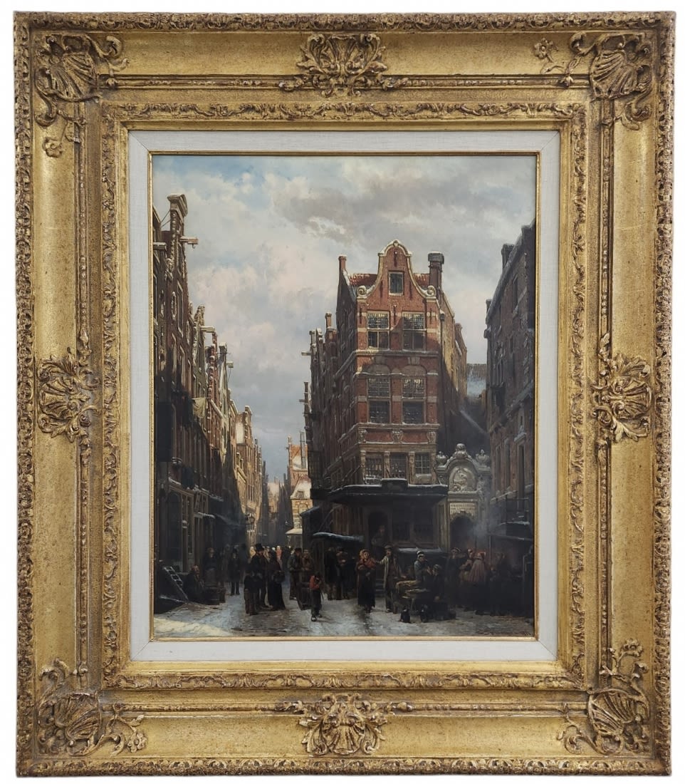 Springer Cornelis- 'Figures on the street of Amsterdam' - Dutch painter 1817-1891, 19th century, oil - Image 2 of 10
