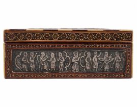 Antique desk box, decorated with 'Khatam Kari' type inlay: 'Khatam Kari' and embossed silver reliefs