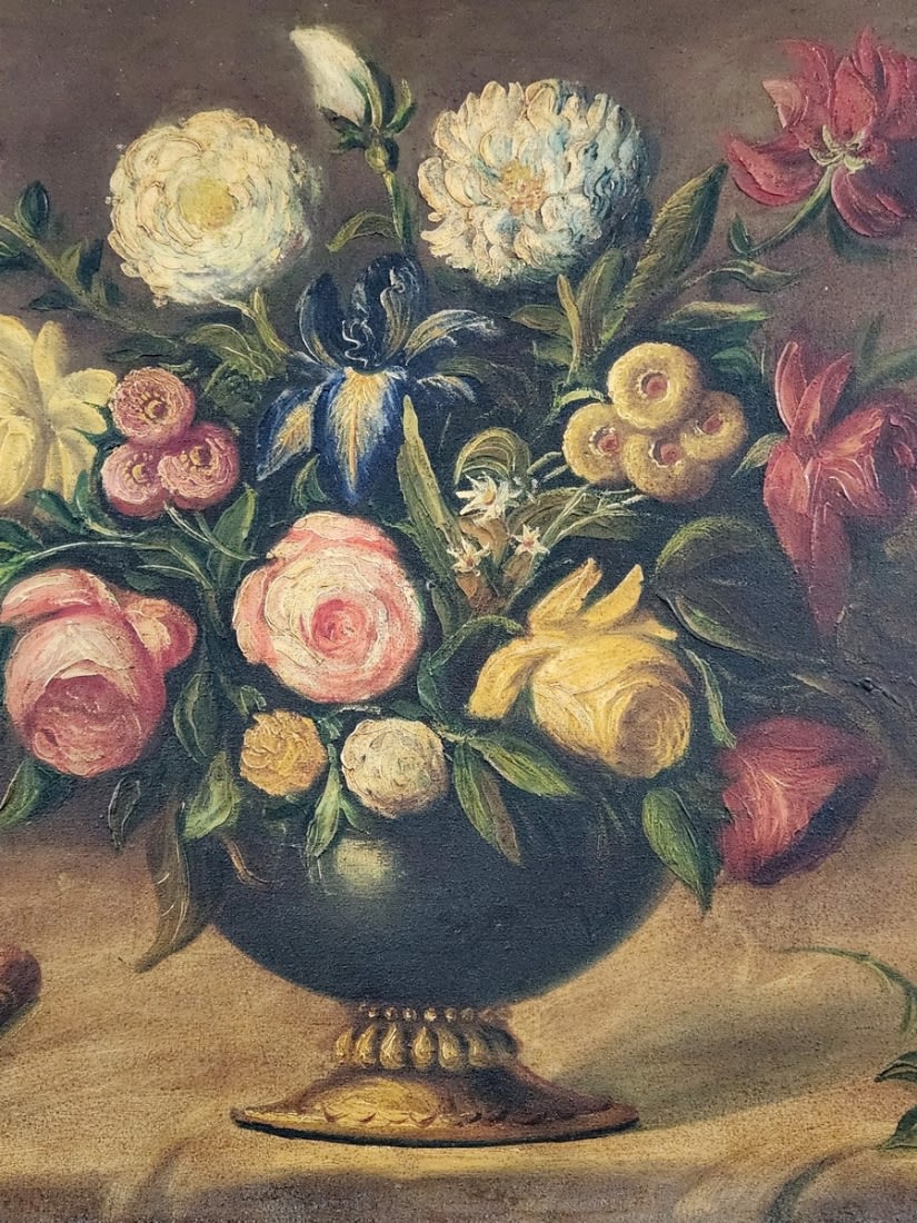 'Still life with a vase of flowers and a book' - antique European painting, oil on canvas, unsigned, - Image 2 of 8