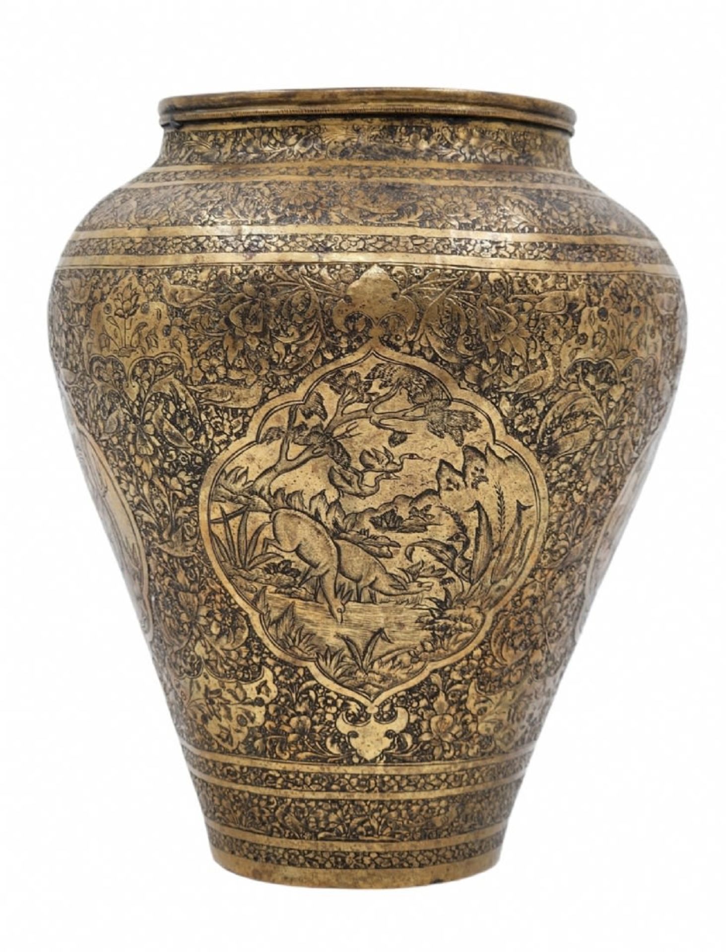 An antique Persian urn, an urn from the 19th century, made of brass and decorated with delicate