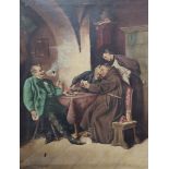'Three monks and a man in a green jacket playing cards' - signed: E. Clement, antique painting,