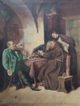 'Three monks and a man in a green jacket playing cards' - signed: E. Clement, antique painting,