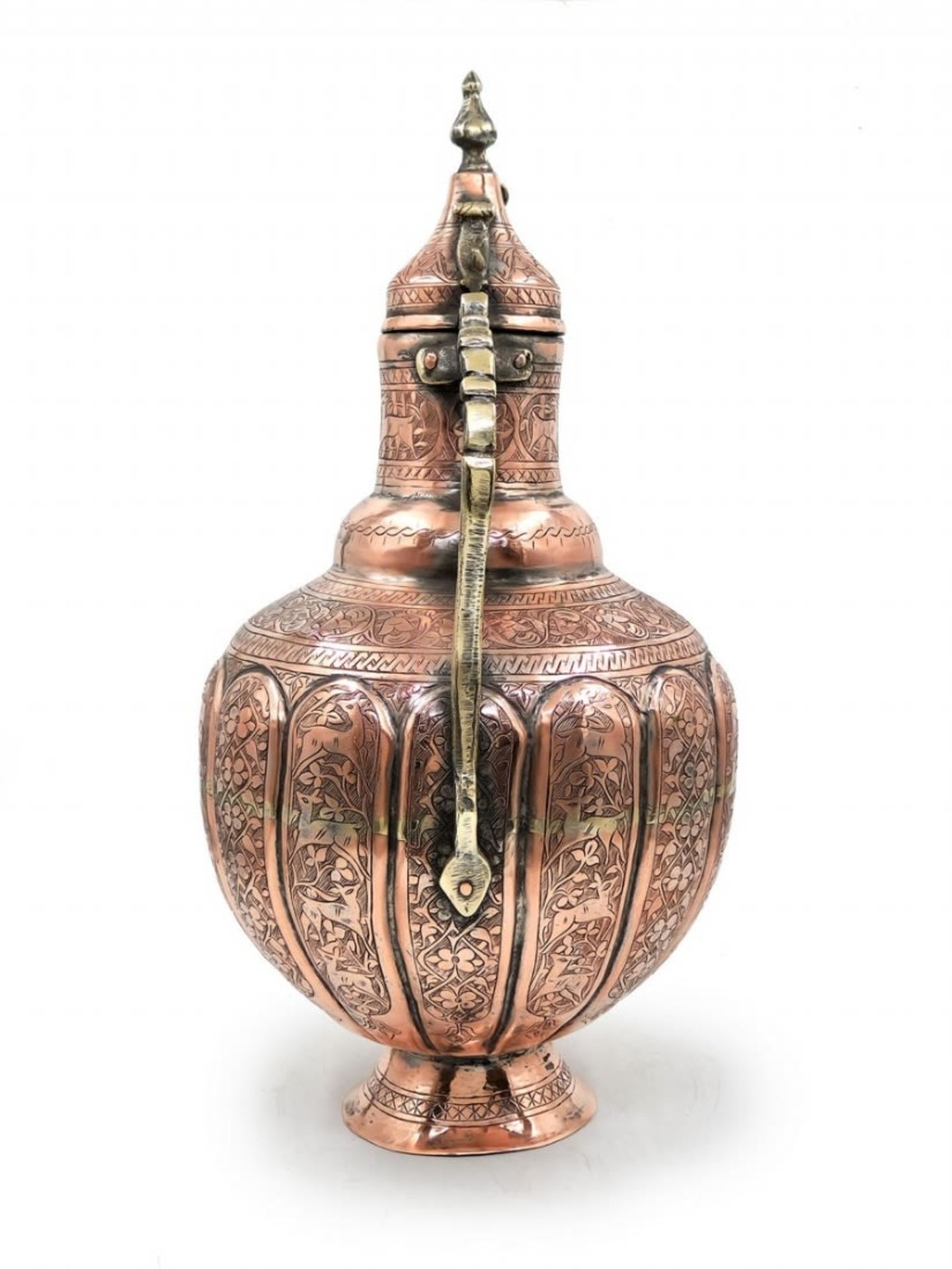 An antique Persian vessel, from the Qajar Dynasty period, made of copper and brass and decorated - Image 2 of 9