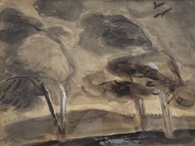 'Trees in a winter storm' - Nachum Gutman, watercolor on paper, signed, Dimensions: 21x28 cm,