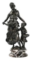 'A young girl and a child', bronze statue in antique French style, brown patina and a mottled purple