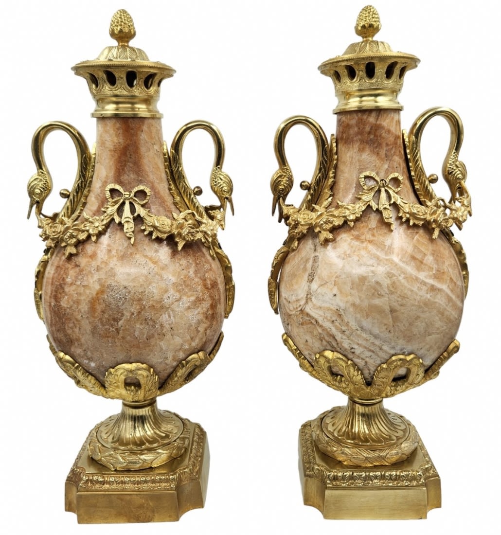 A pair of heavy and impressive French vases in the Louis XVI style, made of natural marble and - Image 4 of 14