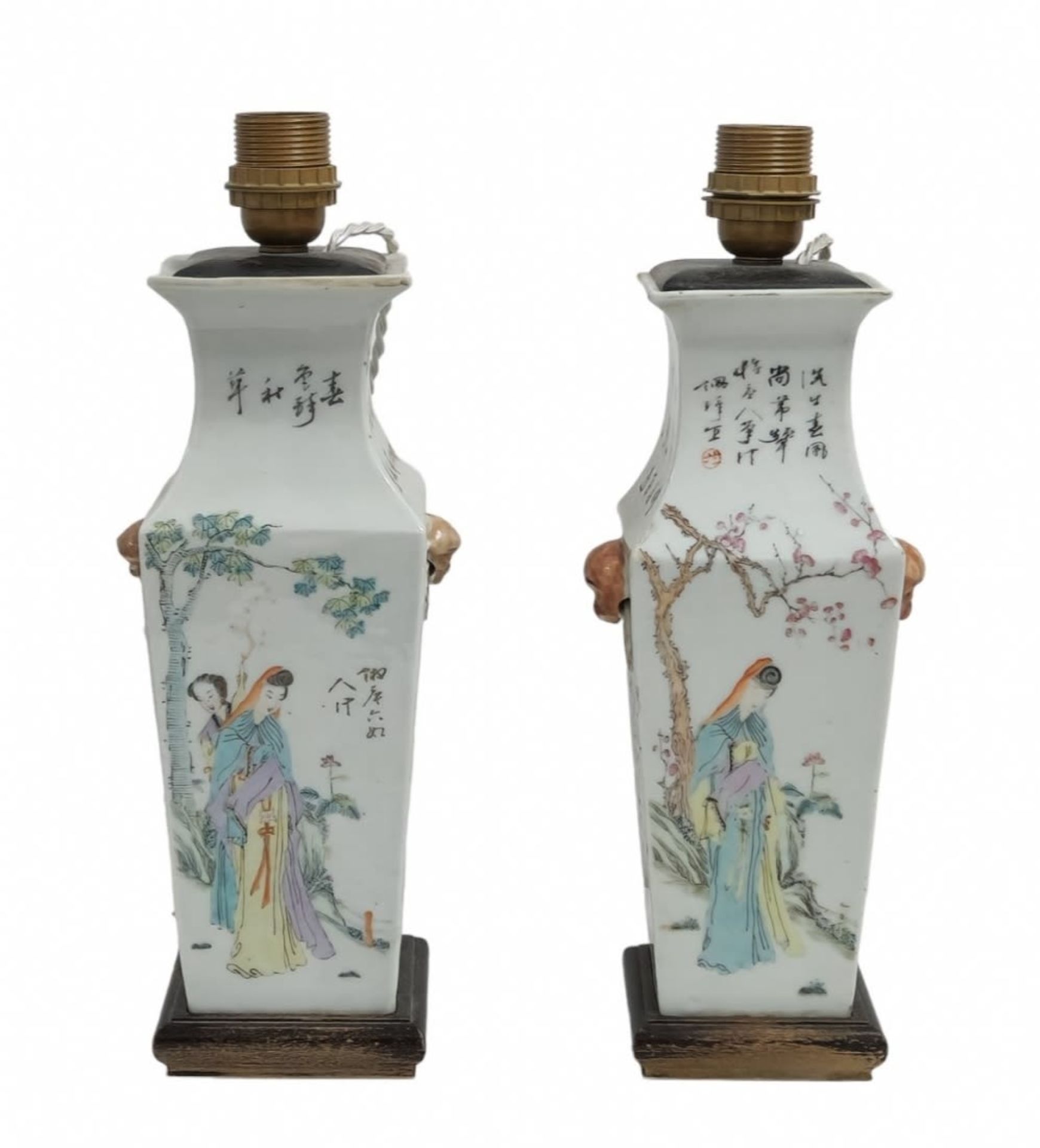 A pair of Chinese bases (legs) for table lamps, square porcelain pots, including wooden bases and - Bild 3 aus 4
