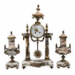 Old French Garniture, circa 1880, in the Louis XV style, including a portico mantle clock and a pair
