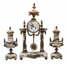 Old French Garniture, circa 1880, in the Louis XV style, including a portico mantle clock and a pair
