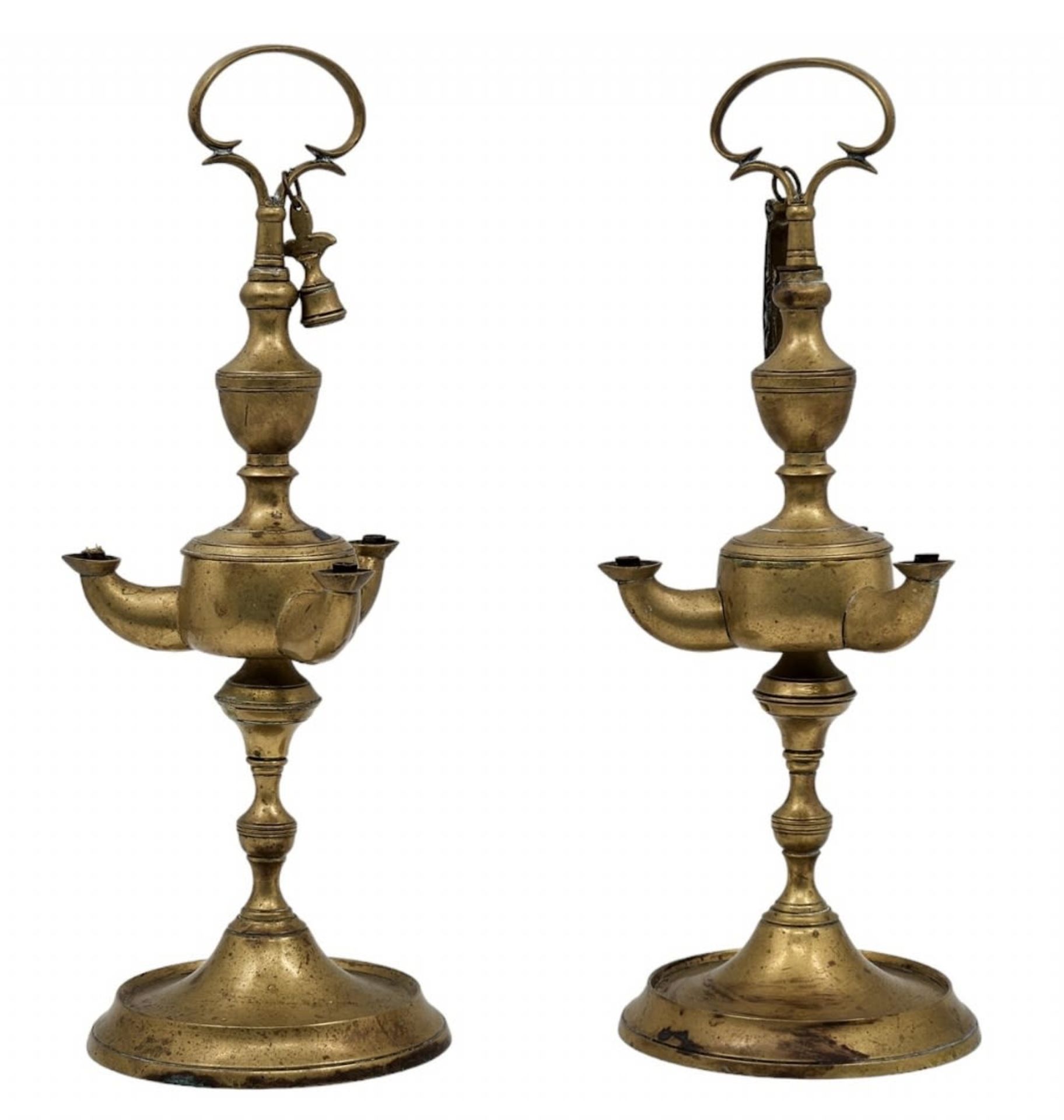 A pair of antique Italian 'Lucerna' type oil lamps, made of brass, late 19th century, Width: 12.5 - Image 3 of 3