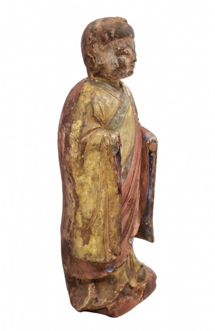 Antique Chinese Buddhist statue, 18th century, made of wood, decorated with polychrome enamel and - Image 4 of 7