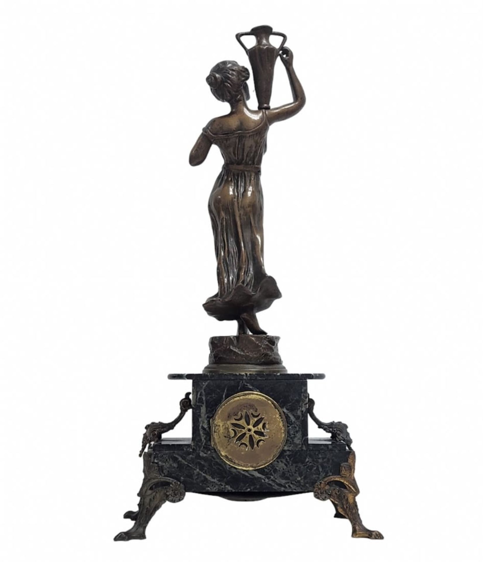 Antique French mantle clock, 19th century, made of mottled Egyptian granite marble and Spelter, - Image 3 of 11