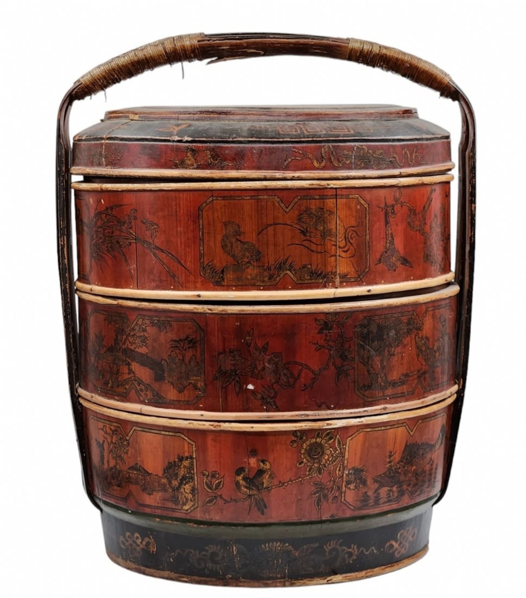 Chinese marriage basket for dowry, made of wood and straw, hand painted on a lacquer background,
