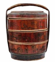 Chinese marriage basket for dowry, made of wood and straw, hand painted on a lacquer background,