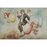 'Clowns and blooming balloons' -William Moninet, (USA 1937-1999), oil on French canvas, signed,