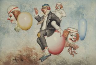 'Clowns and blooming balloons' -William Moninet, (USA 1937-1999), oil on French canvas, signed,