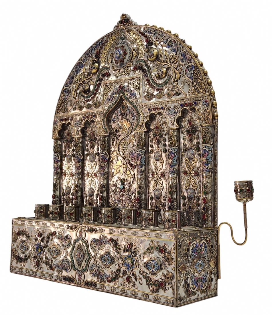 A large decorative Menorah, impressive, in the Turkmen style, made of silver-plated metal and set