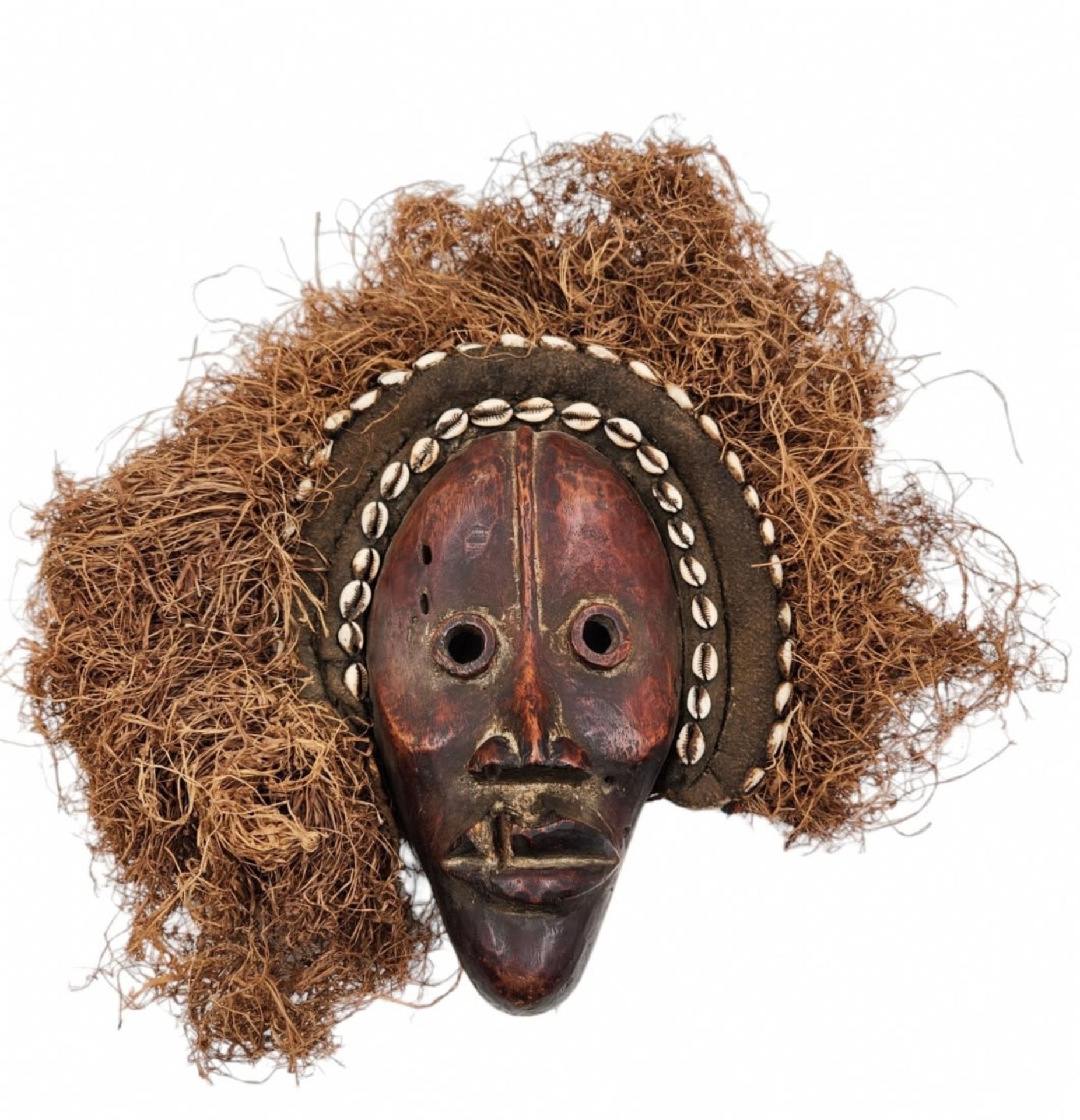 Antique African mask - Dan People, made of carved wood and plant fibers, decorated with shells