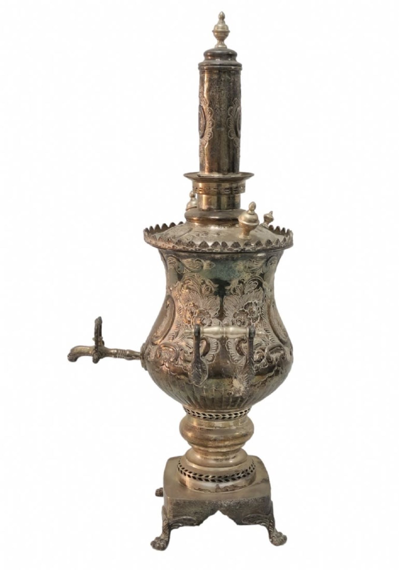 A large and impressive Moroccan samovar, silver plated metal in Repousse work, in the Neo-Rococo