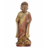 Antique Chinese Buddhist statue, 18th century, made of wood, decorated with polychrome enamel and