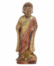 Antique Chinese Buddhist statue, 18th century, made of wood, decorated with polychrome enamel and