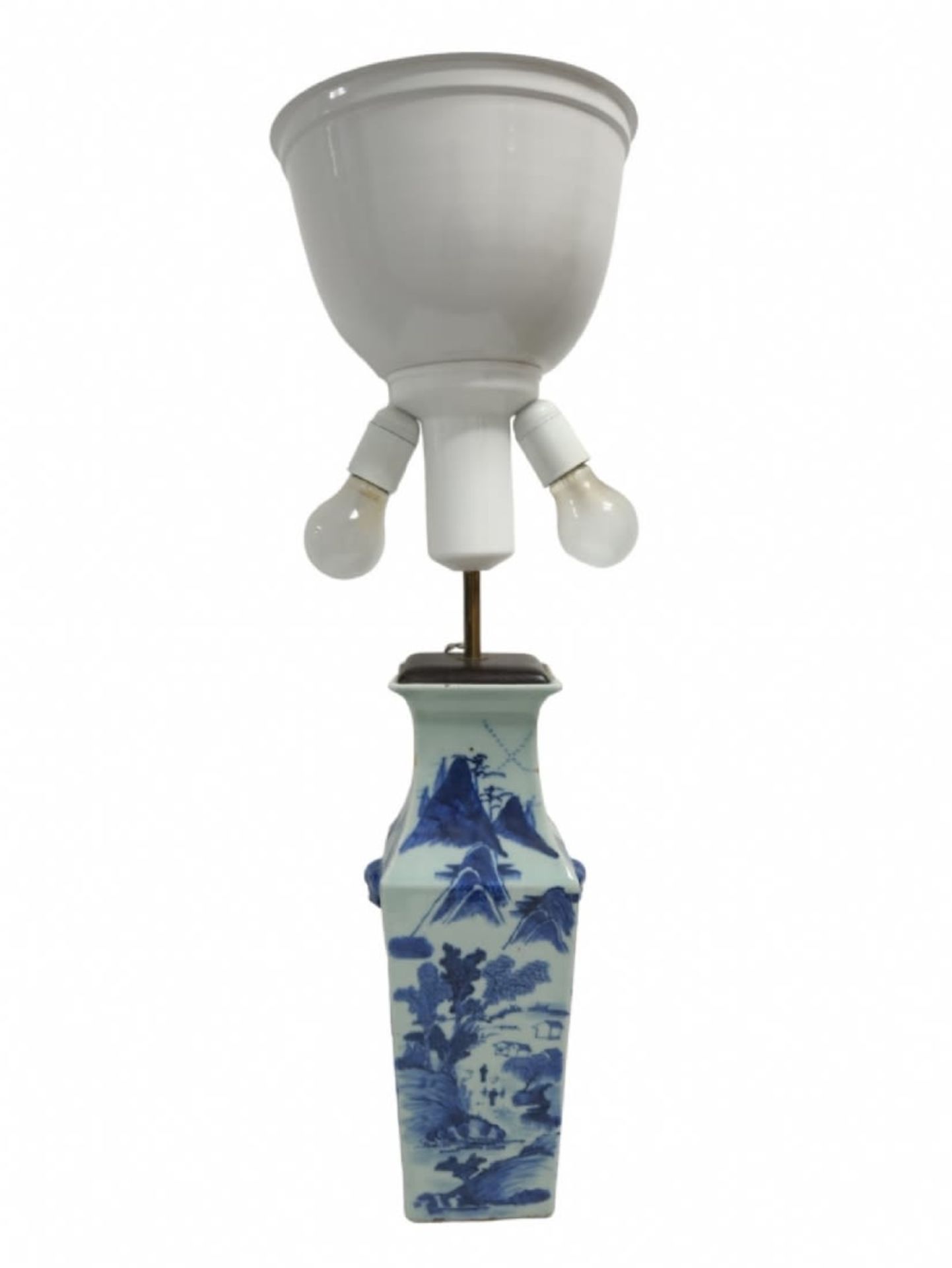 Chinese base (leg) for a table lamp, a square blue and white porcelain jug, wooden base and - Image 2 of 5