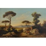 'Countrywomen on the road' , unsigned, antique European painting, unknown artist , oil on panel,