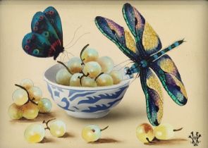 'A dragonfly and a blue butterfly near a bowl of fruit' - Hans Verhoef, (Dutch painter, 1932-