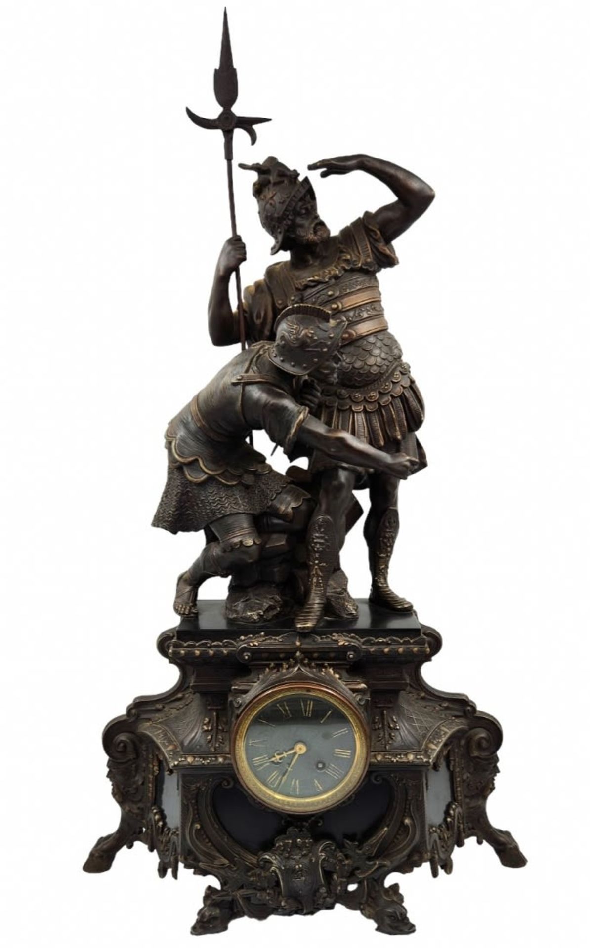 Large antique French mantel clock, magnificent and particularly impressive, made of Spelter, the
