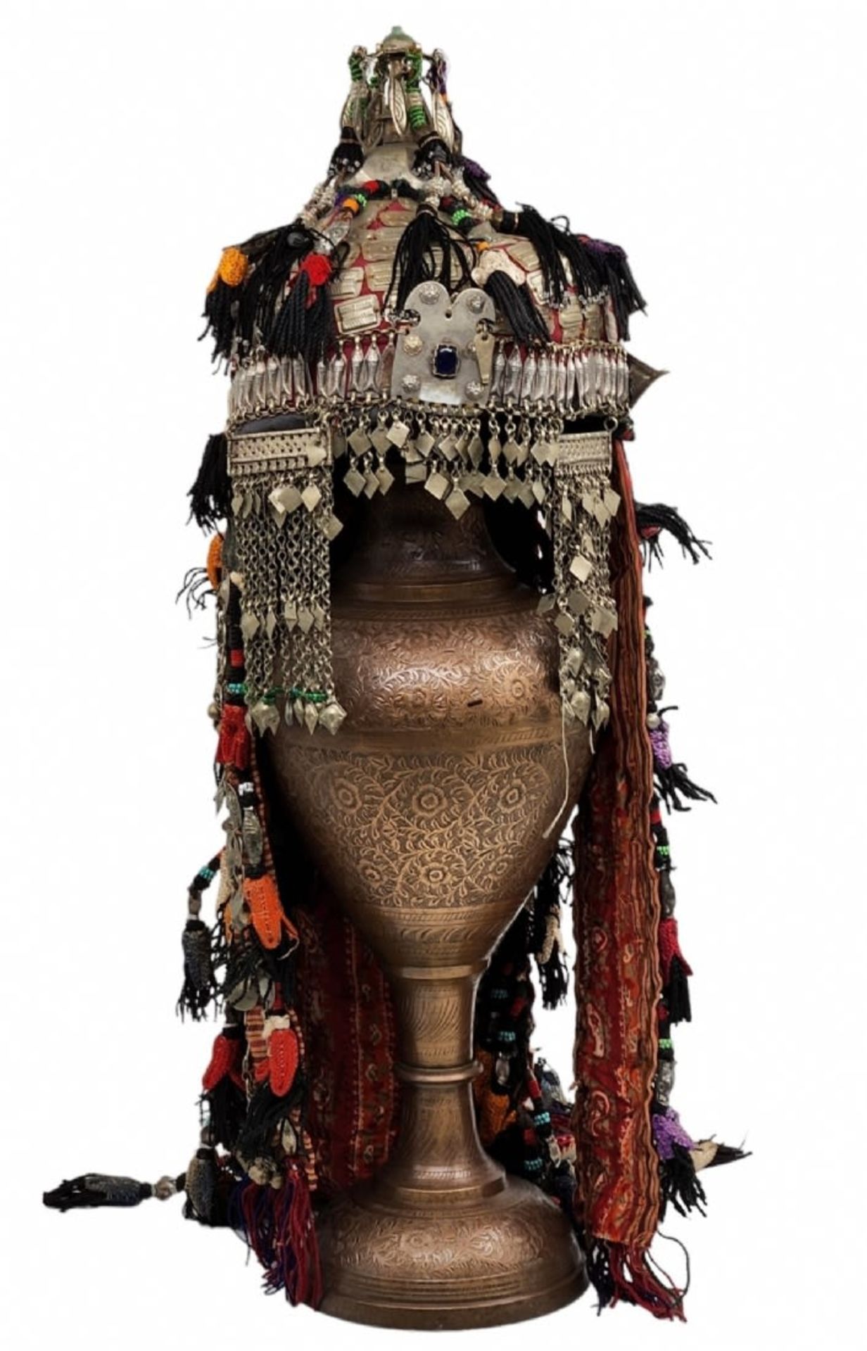 Antique Turkmen hat for a bride, 19th century, made of fabric decorated with hammered metal pieces - Image 2 of 4