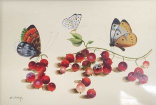 'Gooseberries and three butterflies' - Hans Verhoef (Dutch painter, 1932-2012), on copper panel,