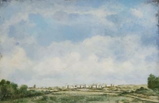 'View of cranes above a city on the horizon' -Dim Yuz, oil on canvas, signed and dated: 2003,