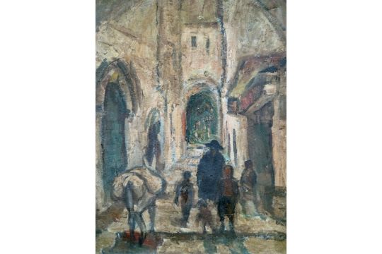 'A Jewish family and a donkey in a Jerusalem alley', oil painting on canvas, signed. Flaw ( - Bild 2 aus 6