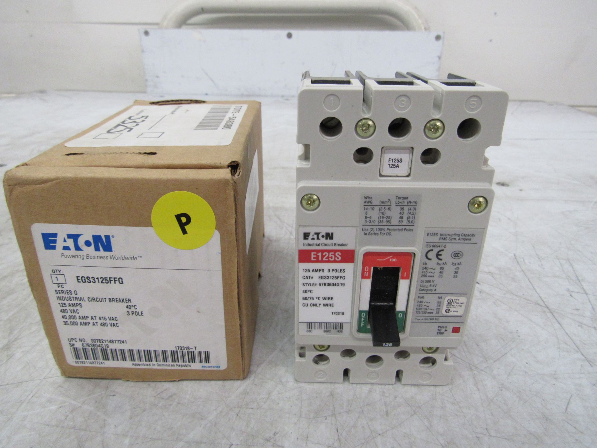 1x Eaton EGS3125FFG Molded Case Breakers (MCCBs) EGS 3P 125A 480V 50/60Hz 3Ph EG Frame EA