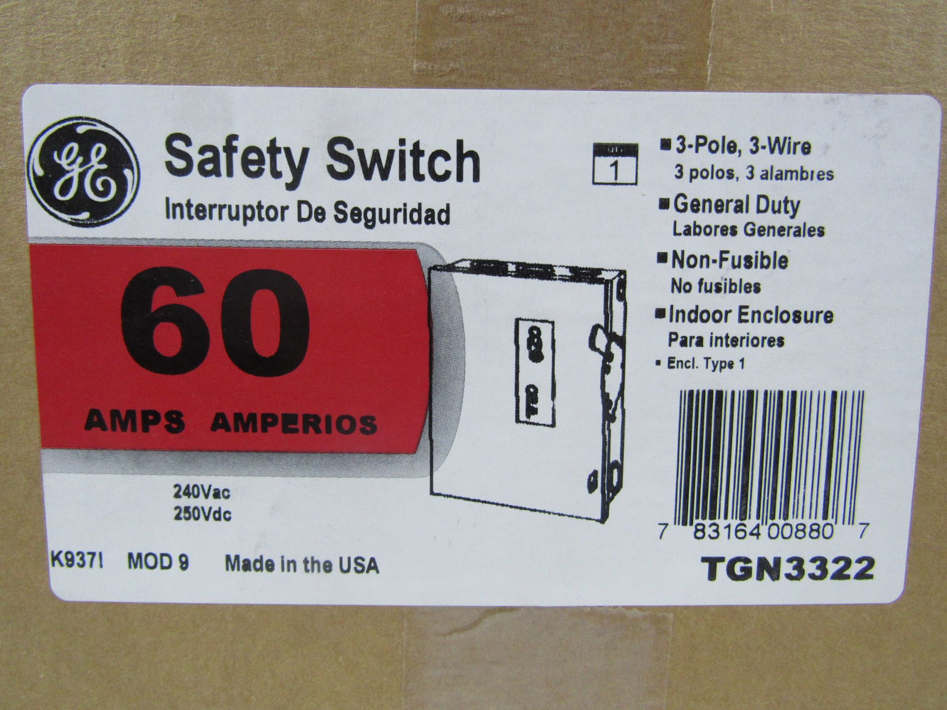 1x GE TGN3322 Safety Switches TGN 3P 60A 240V 50/60Hz 3Ph Non Fusible 3Wire EA NEMA 1