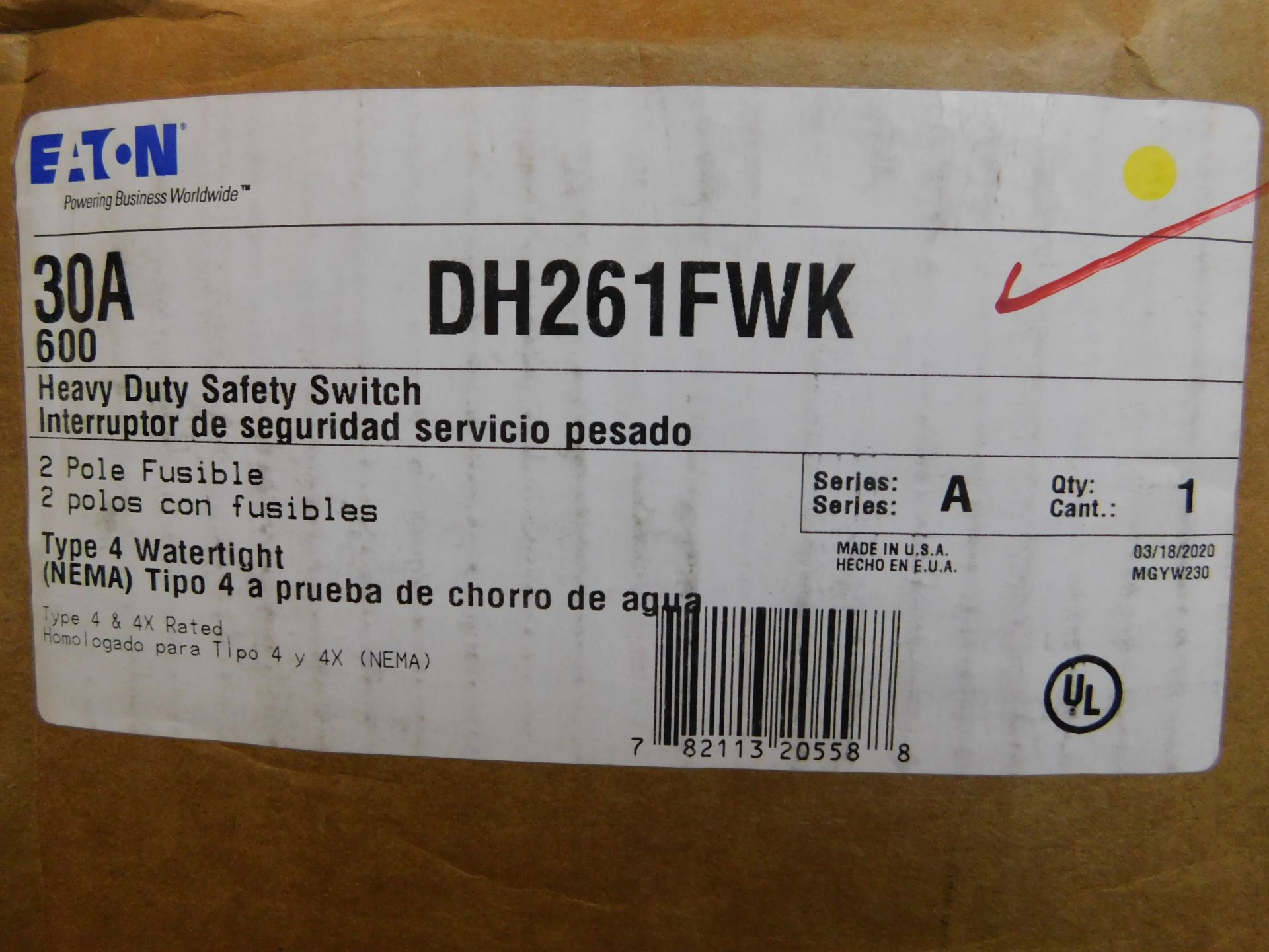 1x Eaton DH261FWK Safety Switches DH 2P 30A 600V 50/60Hz 1Ph Fusible 2Wire EA NEMA 4X