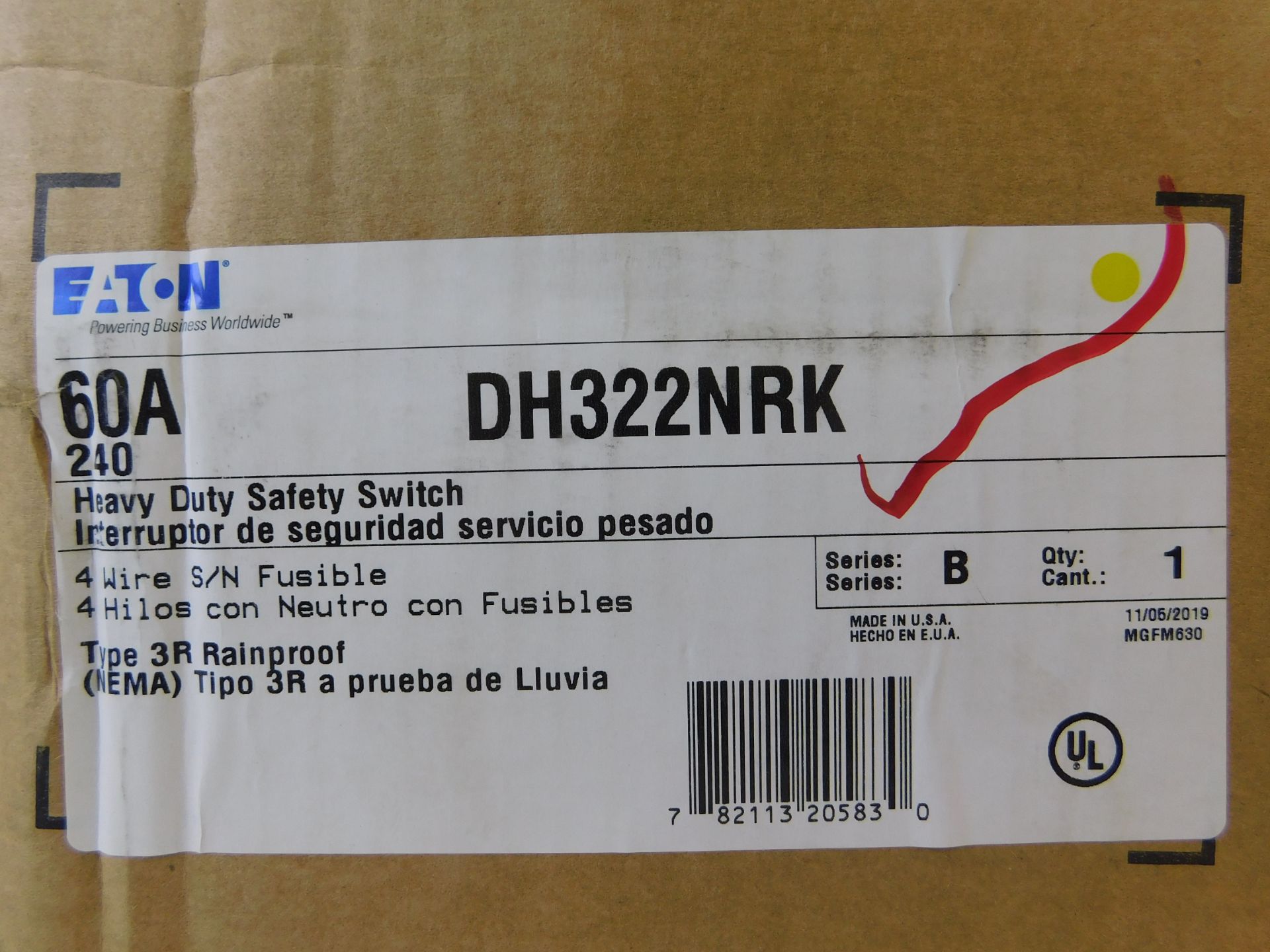 1x Eaton DH322NRK Heavy Duty Safety Switches DH 3P 60A 240V 50/60Hz 3Ph EA NEMA 3R