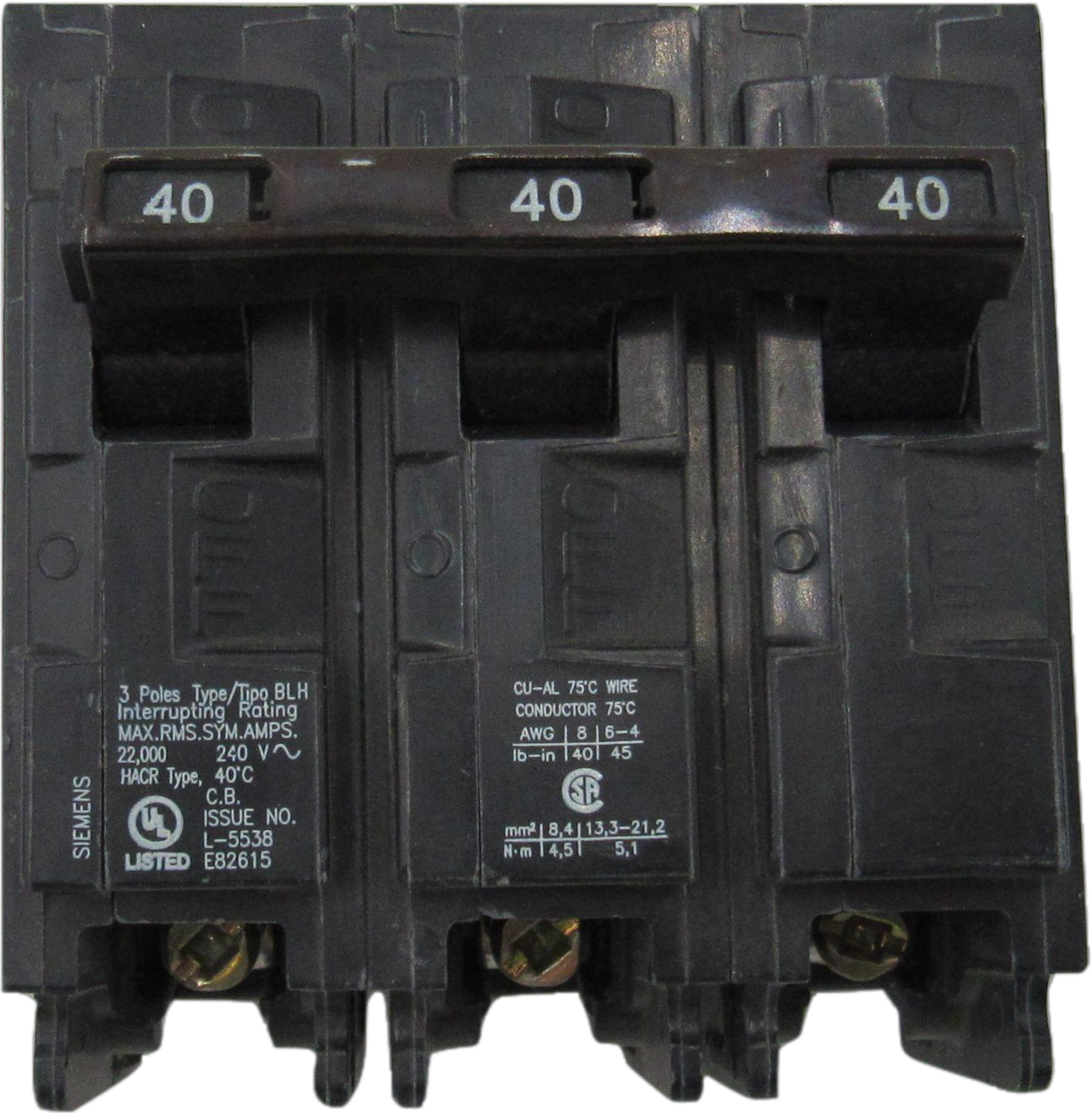 1x Siemens B340H Miniature Circuit Breakers (MCBs) B 3P 40A 120/240V 50/60Hz 3Ph