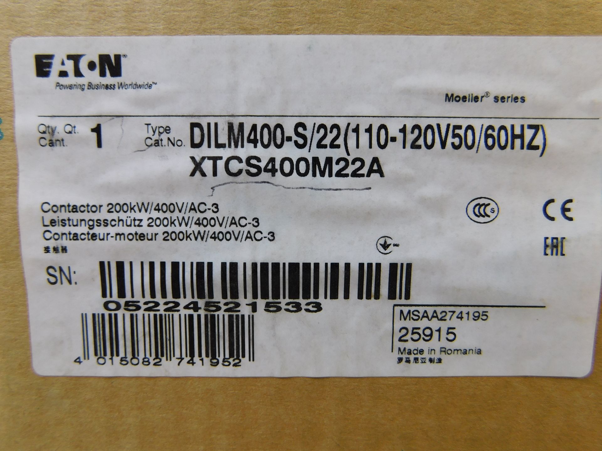 3x Eaton XTCS400M22A Definite Purpose Contactors 3P 400A 120VAC 50/60Hz M Frame 2NO 2NC EA