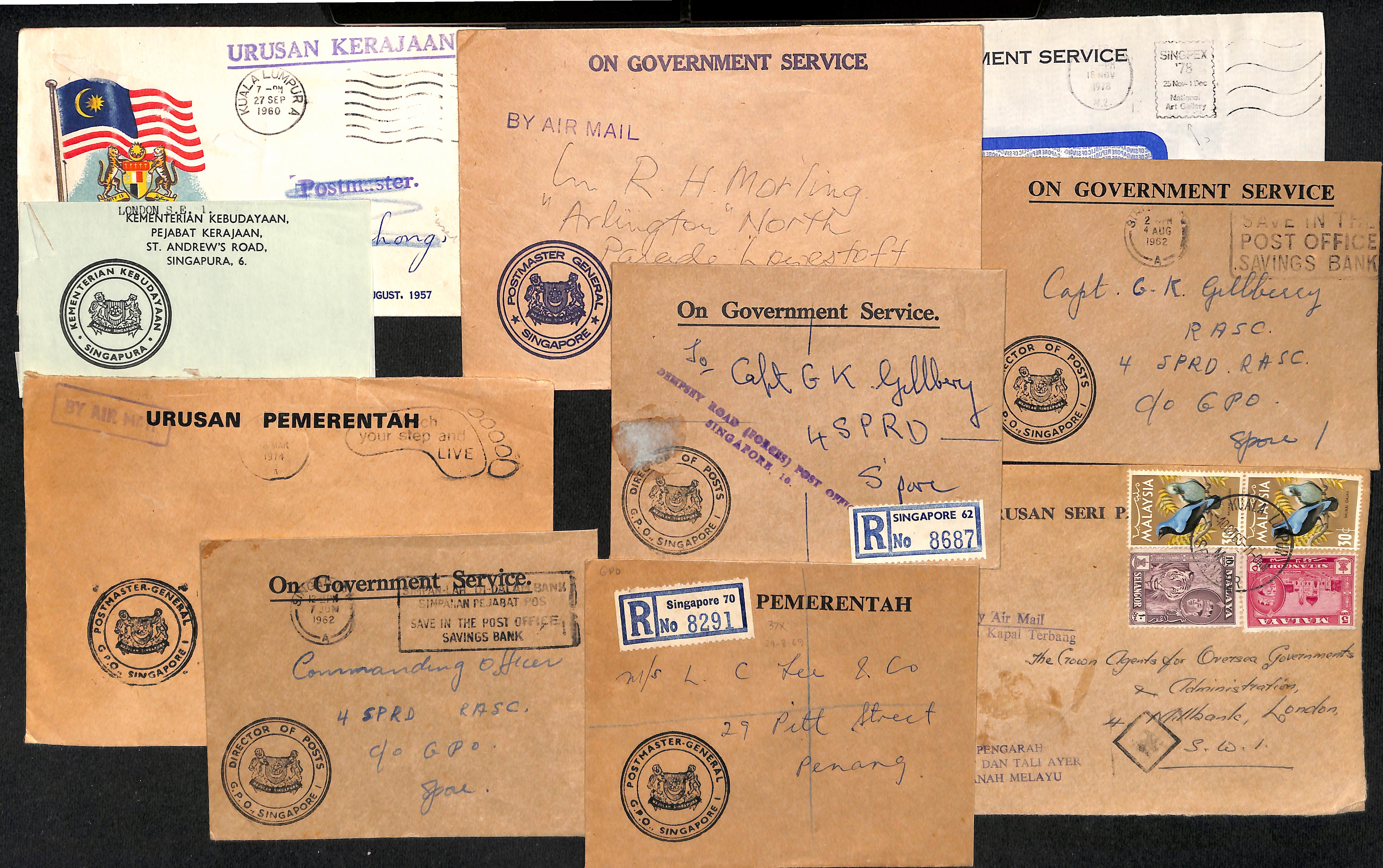 1930-86 Official mail from Singapore, Penang and other Malayan states, mainly stampless, various - Image 2 of 12